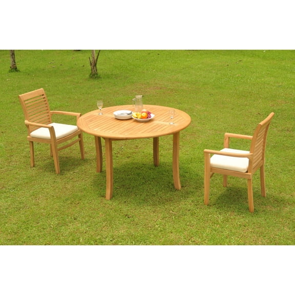 Grade-A Teak Dining Set: 2 Seater 3 Pc: 52" Round Table And 2 Mas Stacking Arm Chairs Outdoor Patio WholesaleTeak #WMDSMSt