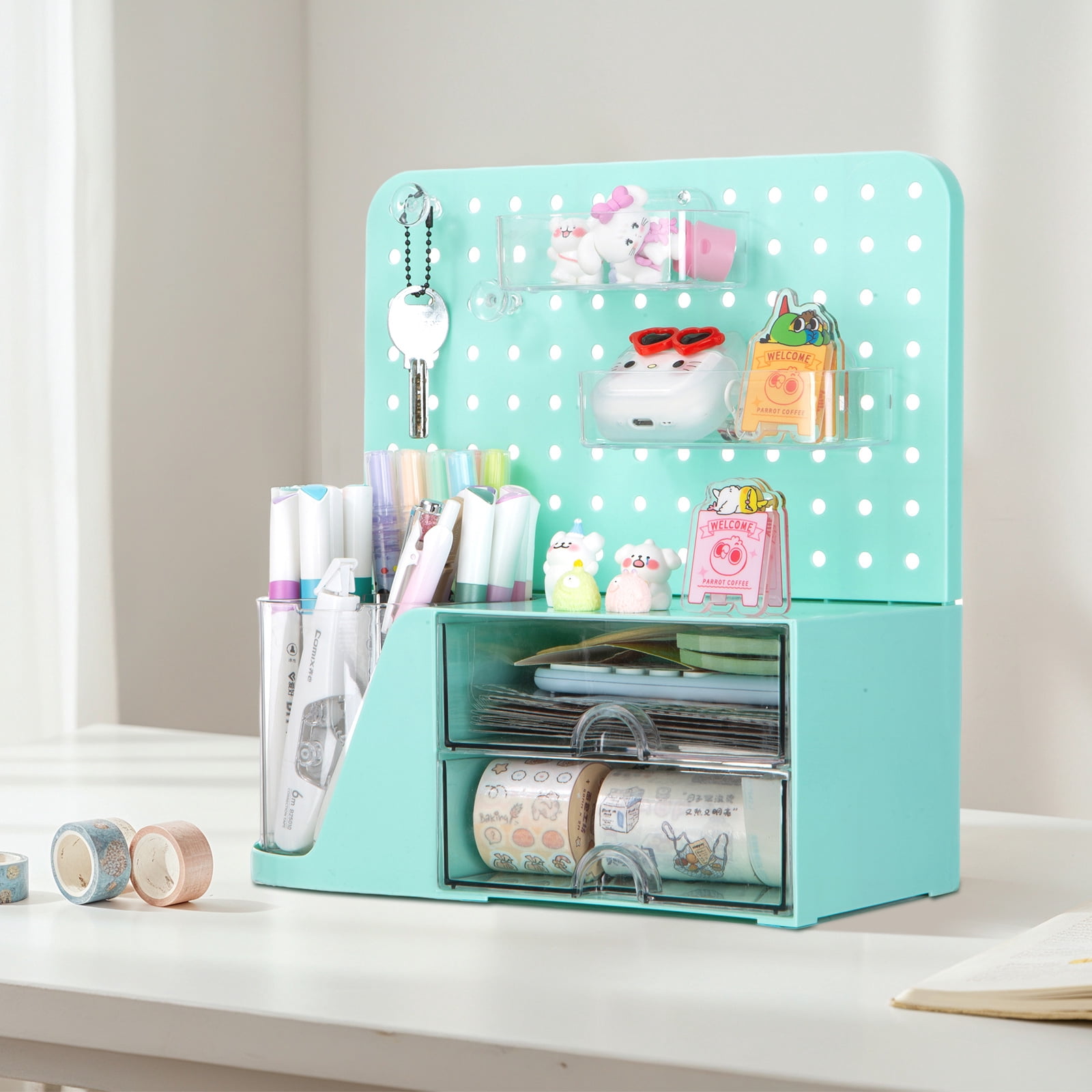 Vivin Desk Organizer, Small 2 Drawer Unit and Pen Holders, Multi-Purpose Pegboard organizer For Home Office, Mint gree