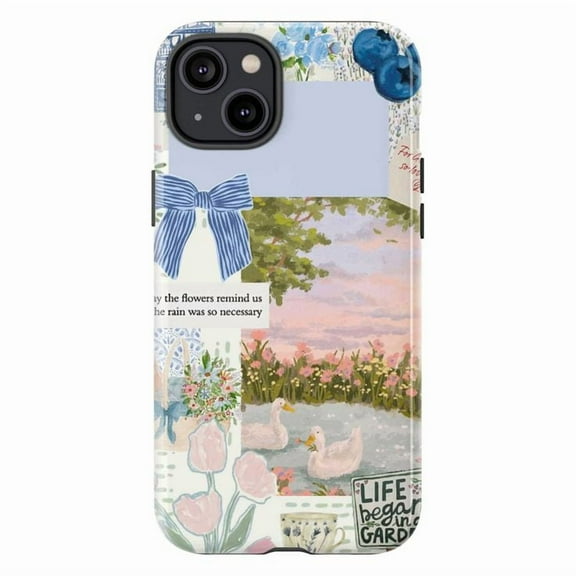 Whimsical Garden Art iPhone Case, Pastel Landscape & Tulip Collage for iPhone 17 16 15 14 13 12 11 Pro Plus Mini