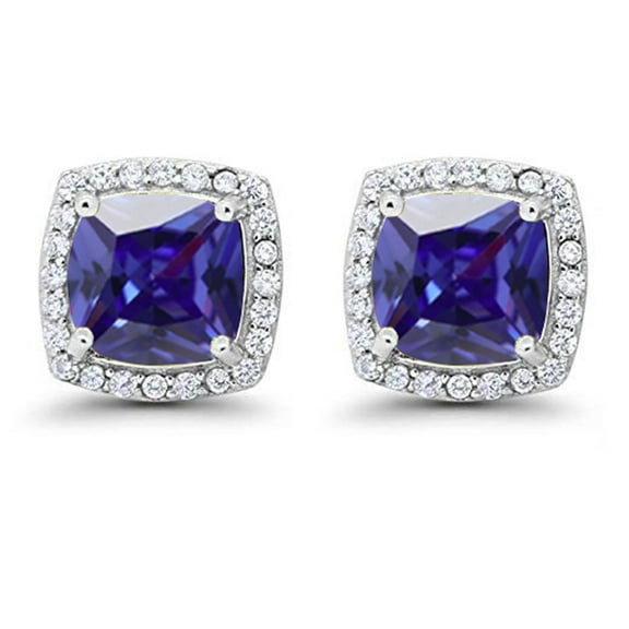Paris Jewelry 14k White Gold Halo Princess Created Blue Sapphire Stud Earrings Plated