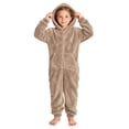 thumbnail image 2 of Cethrio Girls Fleece One-piece Pajamas, Hooded Warm Full Zip Long Sleeve Winter Loungewear Jumpsuit Size 9-10 Years Khaki, 2 of 5