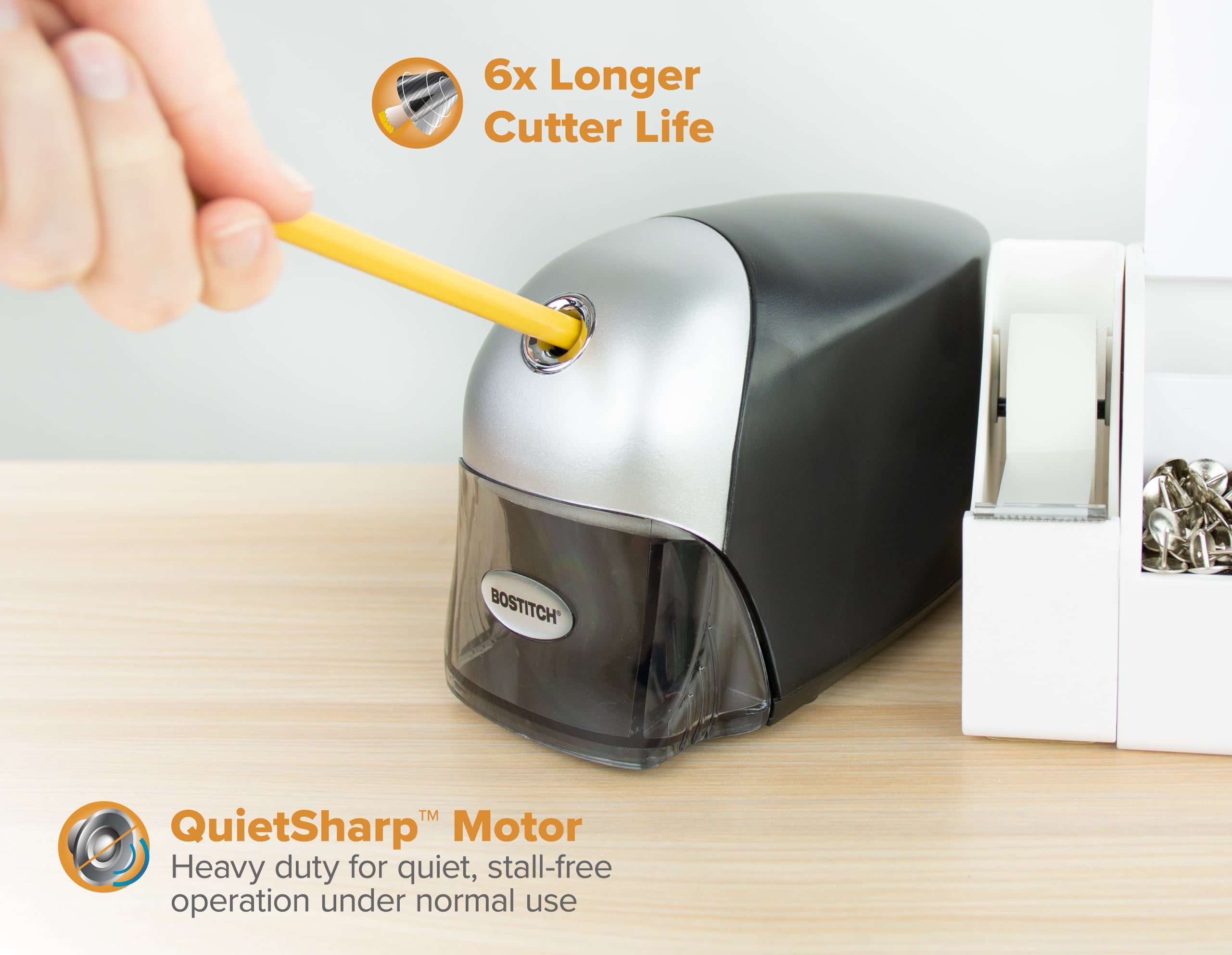 Bostitch Office QuietSharp Executive Heavy Duty Electric Pencil Sharpener for 65% Faster Sharpening and 6x Longer Cutter Life, Tamper-proof Switch When Removing Savings Tray