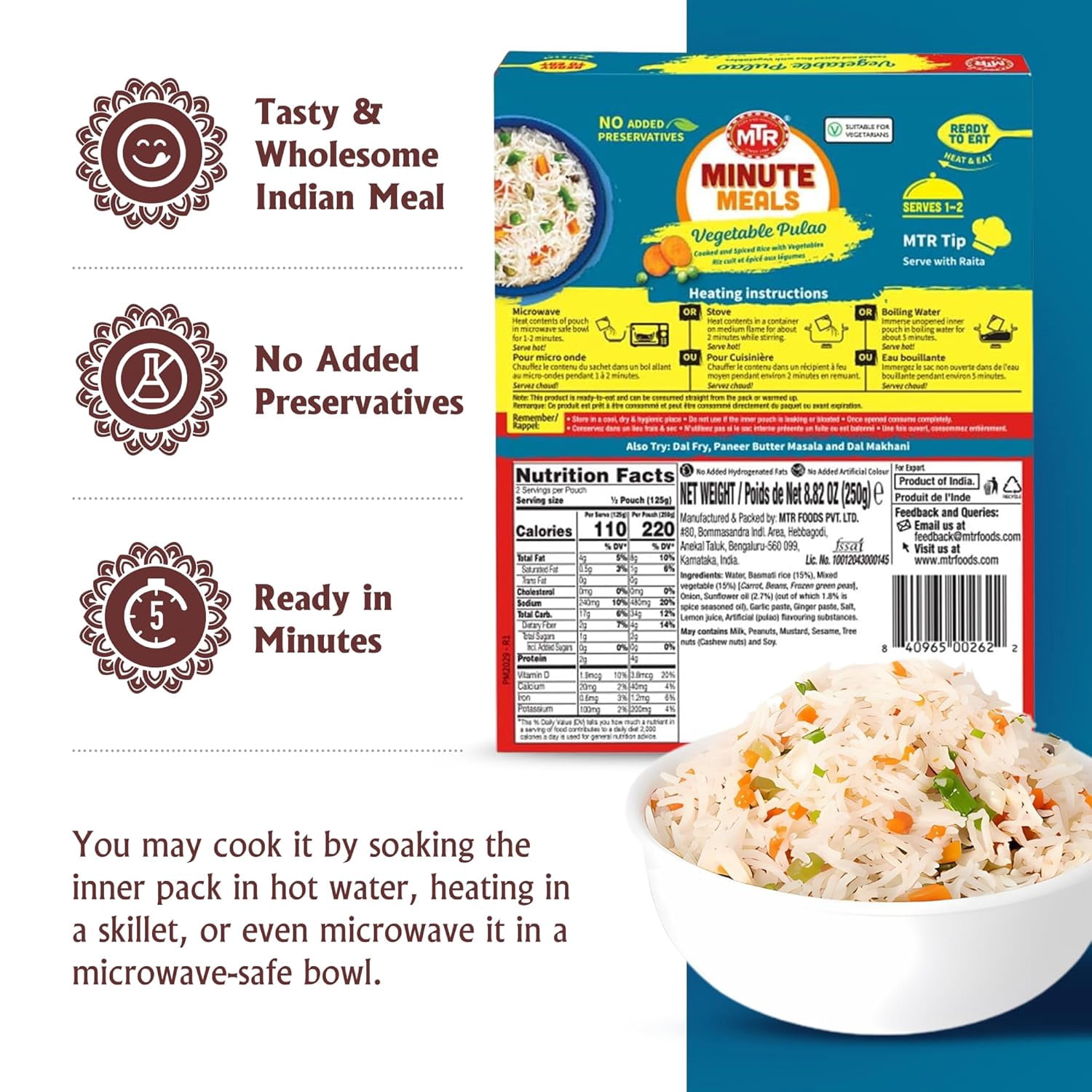MTR Vegetable Pulao - Microwavable Rice Packs for Instant Meals - Authentic Indian Ready-To-Eat Meal - Delicious & Nutritious Rice Ready in Minutes - Suitable for Vegetarians (250g, Pack of 6)