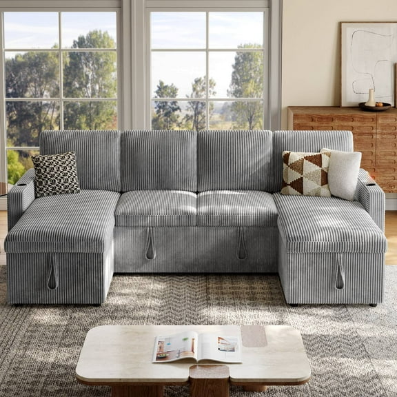 Onbrill Sectional Sofa Bed with Pullout Bed and Double Storage Chaise, Corduroy Sectional Sofa with Charging Ports and Cup Holder, Gray