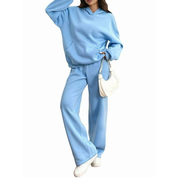 2 Piece Sets for Women Sweatsuits Casual Hoodie Jacket Wide Leg Sweatpants Fall Outfits Lounge Sets Blue XXL