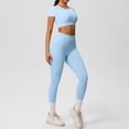 thumbnail image 2 of Telankuip 2 Piece Yoga Sets for Women Solid Color Stretchy Breathable Yoga Running Gym Fitness Short Sleeve Crop Top with High Waist Leggings Two Piece Workout Outfits Sky Blue L, 2 of 5