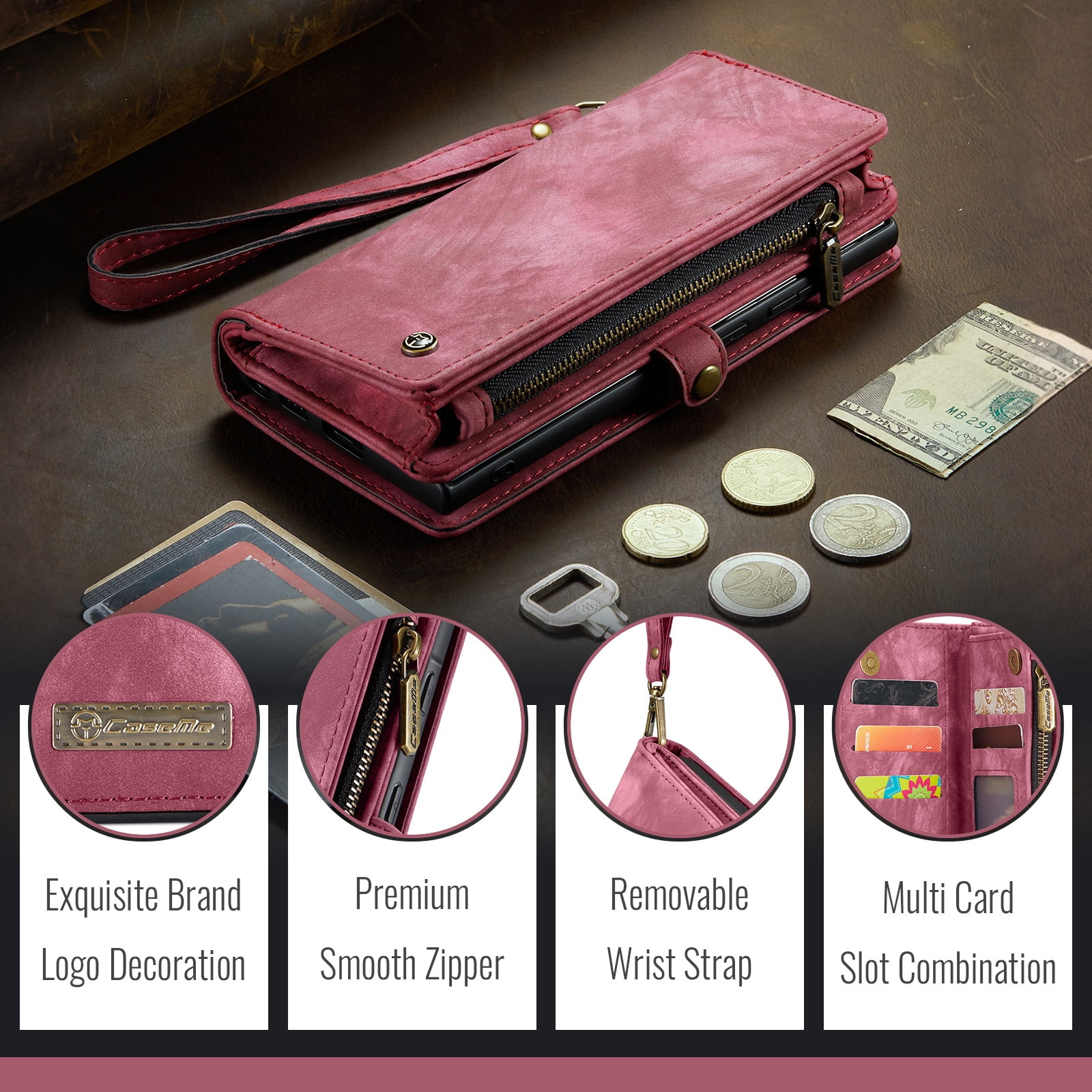 Dteck for Samsung Galaxy Note 10 Plus Wallet Case,Leather Zipper Wallet Case 8 Card Slots Holder Flip Purse Magnetic Handle Strap Shockproof Detachable Phone Cover For Samsung Galaxy Note 10+, Red