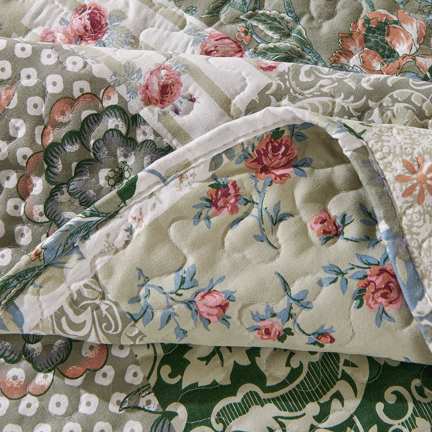 Evenhug Quilts 3-Piece King Bedding Set Green Patchwork Floral Quilt Set With Shams