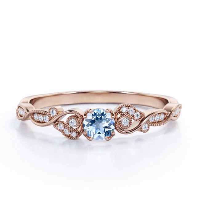 JeenMata Anillo de Compromiso Art Déco Vintage con Forma Redonda de Filigrana de 1,10 Quilates de Aguamarina y Moissanita de Creación Brasileña en Baño de Oro Rosa de 18 K sobre Plata