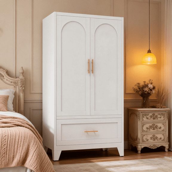 60" Tall White Metal Wardrobe Cabinet with Drawer, Hanging Rod & Adjustable Shelf