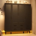thumbnail image 5 of ANPOO Large 4 Doors Armoire Wardrobe Closet with LED Lights & Hanging Rods,70.9" Black Louver Door Wardrobe Armoire with 2 Drawers,LED Large Armoire Storage with Multi-Layer Shelves, 5 of 9