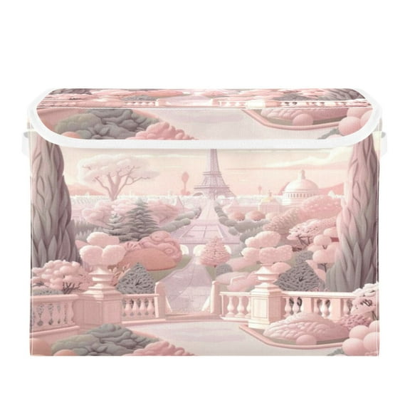 Storage Box With Lid 16.5x12.6x11.8In Foldable Stacked Household Storage Box Pink Buildings and The Eiffel Tower