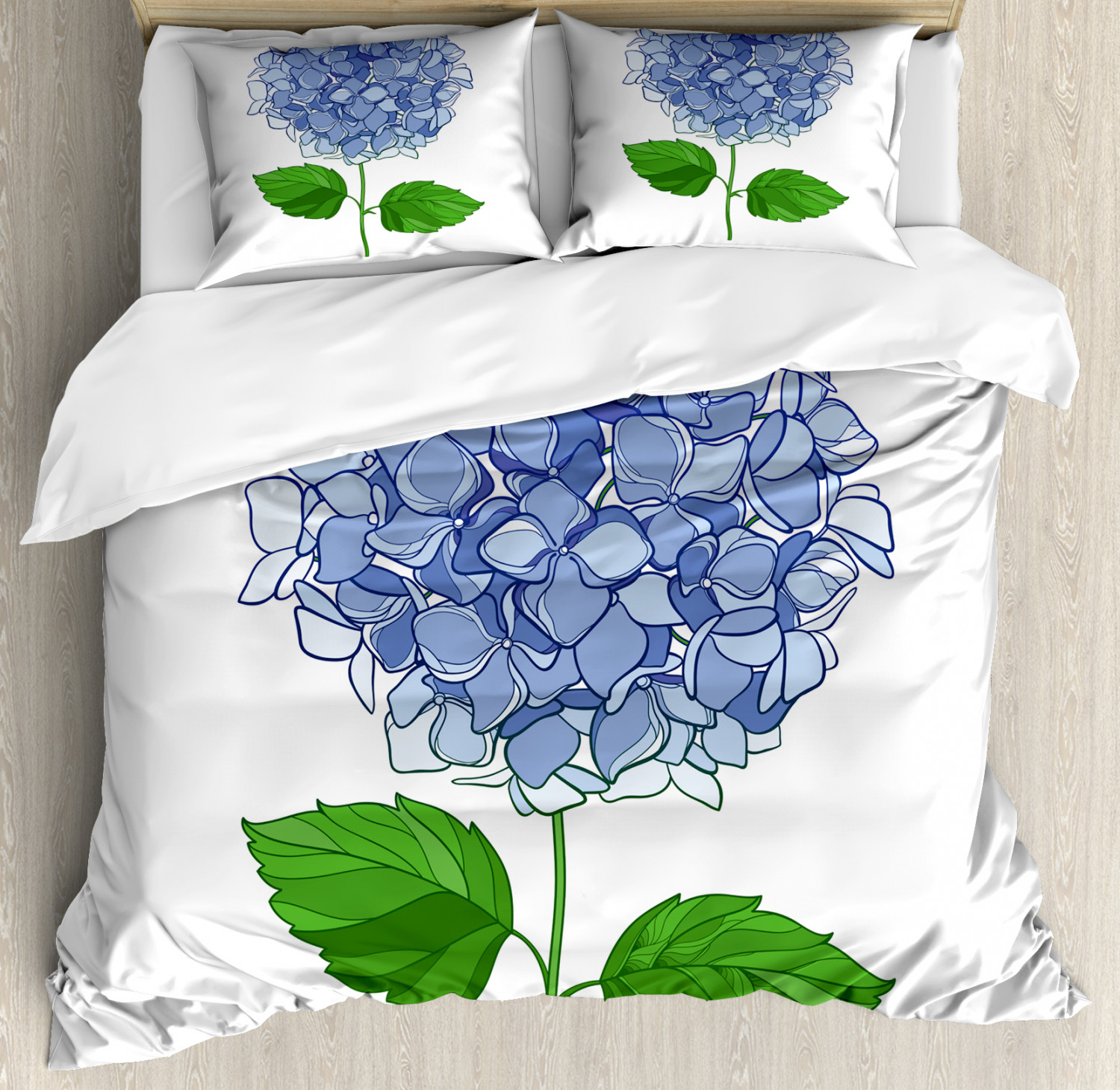Hydrangea Duvet Cover Set Queen Size, Simple Digital Drawn Graphic of