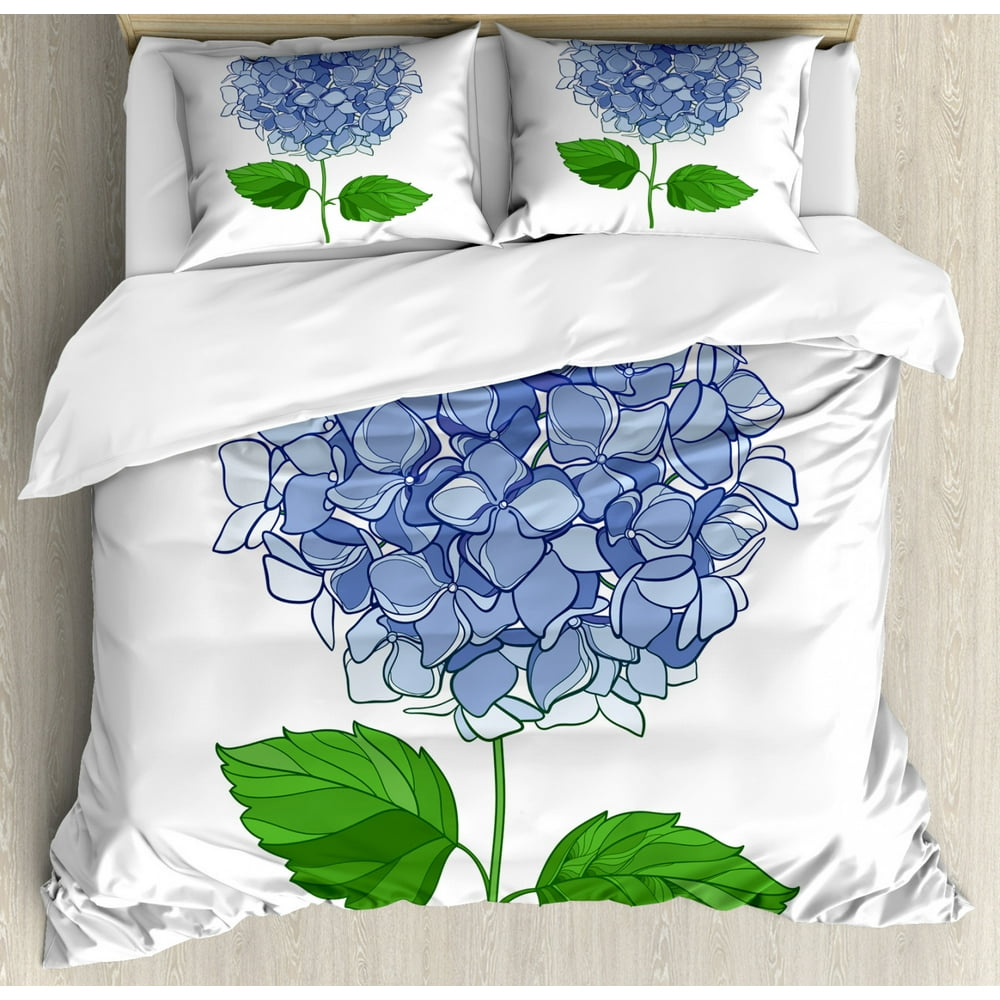 Hydrangea Duvet Cover Set Queen Size, Simple Digital Drawn Graphic of Flower Blooms, Decorative