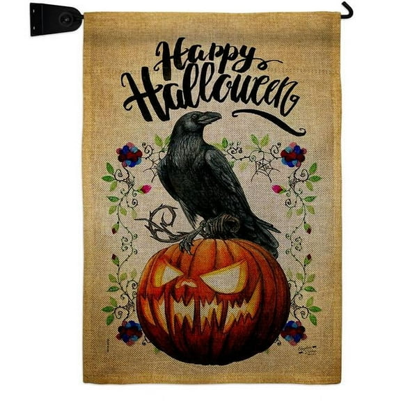 Angeleno Heritage GS130411-DB-04 Crow & Pumpkin Falltime Halloween 13 x 18.5. in. Double-Sided Decorative Horizontal House Garden Flag Set for Decoration Banner Yard Gift