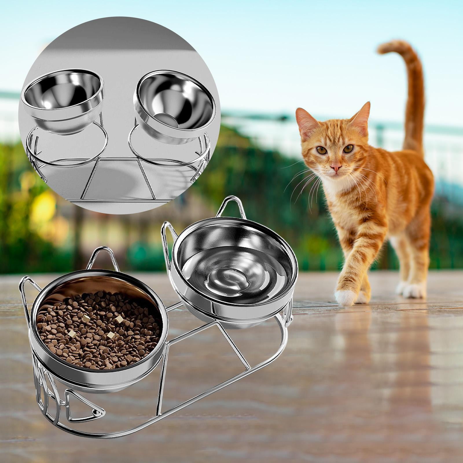 2 Bowls Tilted Cat Bowl Raised Food Water Stand Large Capacity Stainless Steel for Small Dogs Indoor