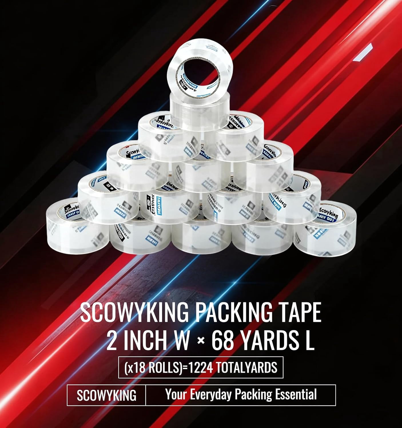 18 rolls of transparent packing tape, heavy-duty packaging tape for sealing during transportation, thickness 2.7, width 2 inches, each roll 68 yards, total length 1224 yards