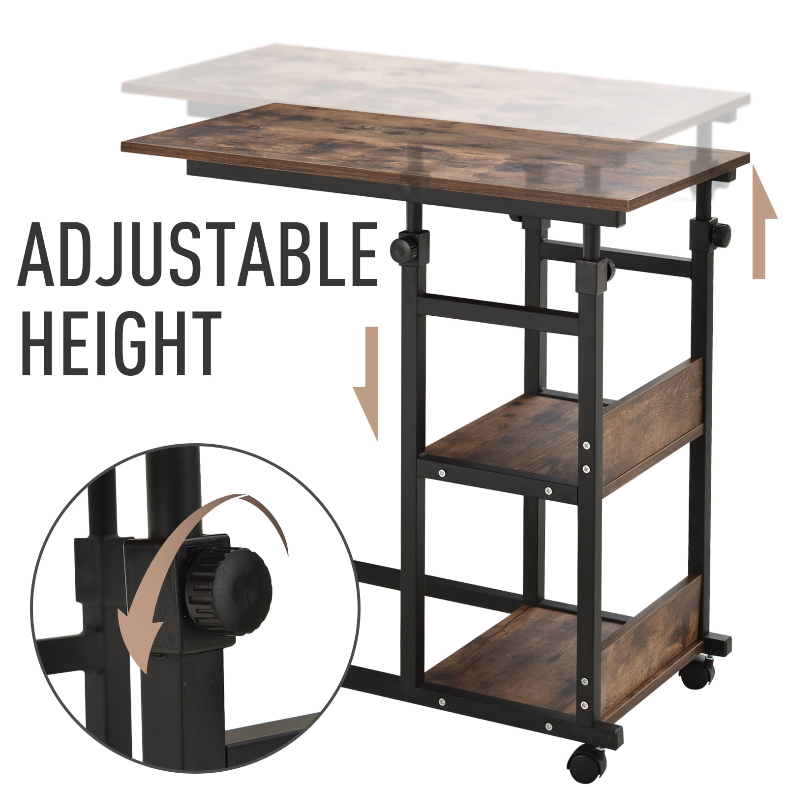 C-Shaped Mobile Sofa Bed Side Table Adjust Height 3-Tier Cart w// Casters Brake