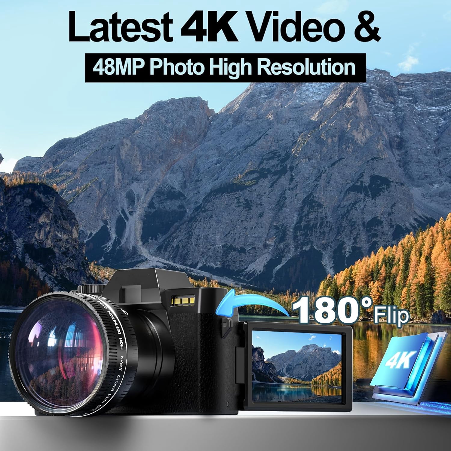 NBD 4K Digital Cameras for Photography 48MP Video Camera for Vlogging with Wide-Angle & Macro Lens