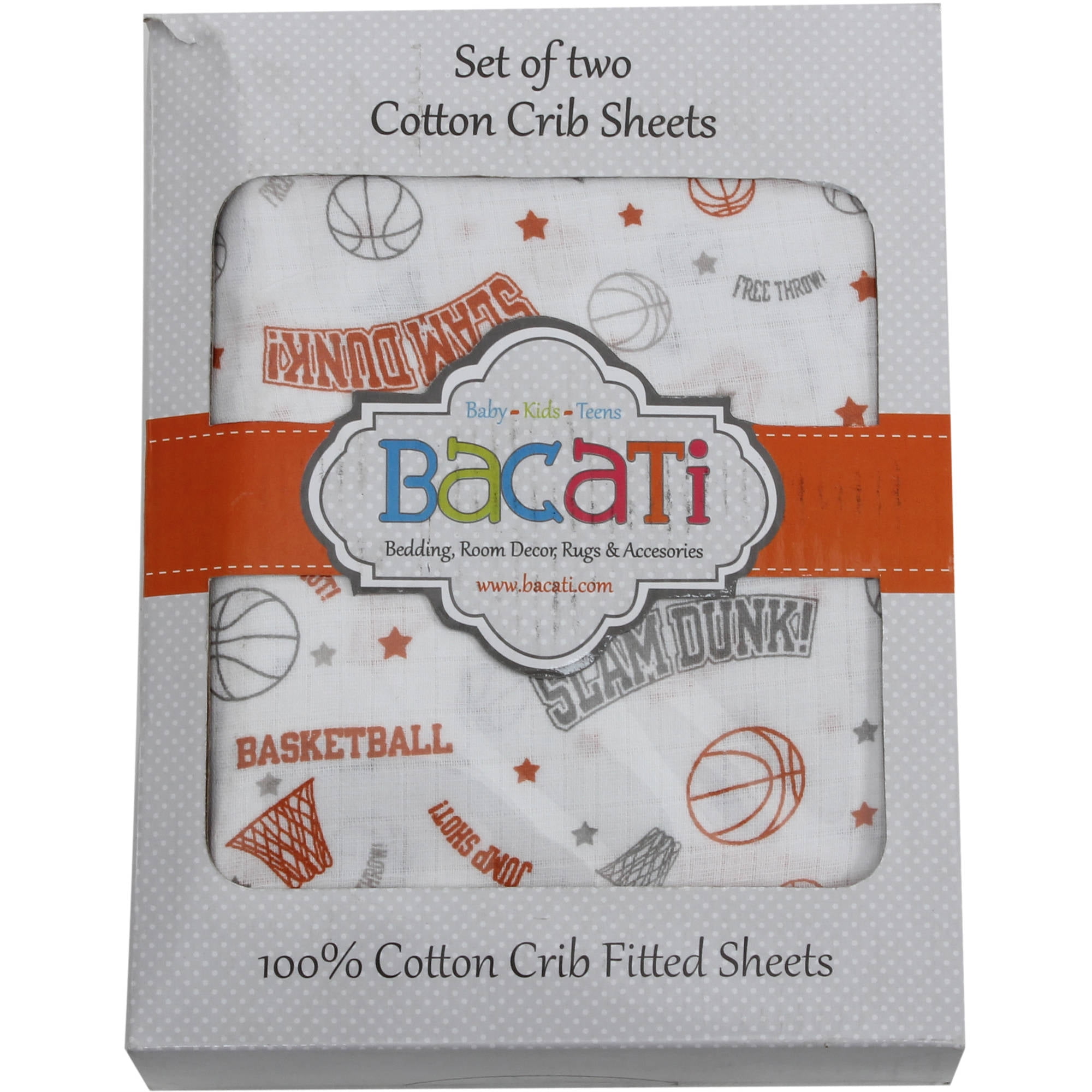Bacati - Sports Crib/Toddler Bed Fitted Sheets 100% Cotton Muslin 2 Pack, Basketball Orange/Grey