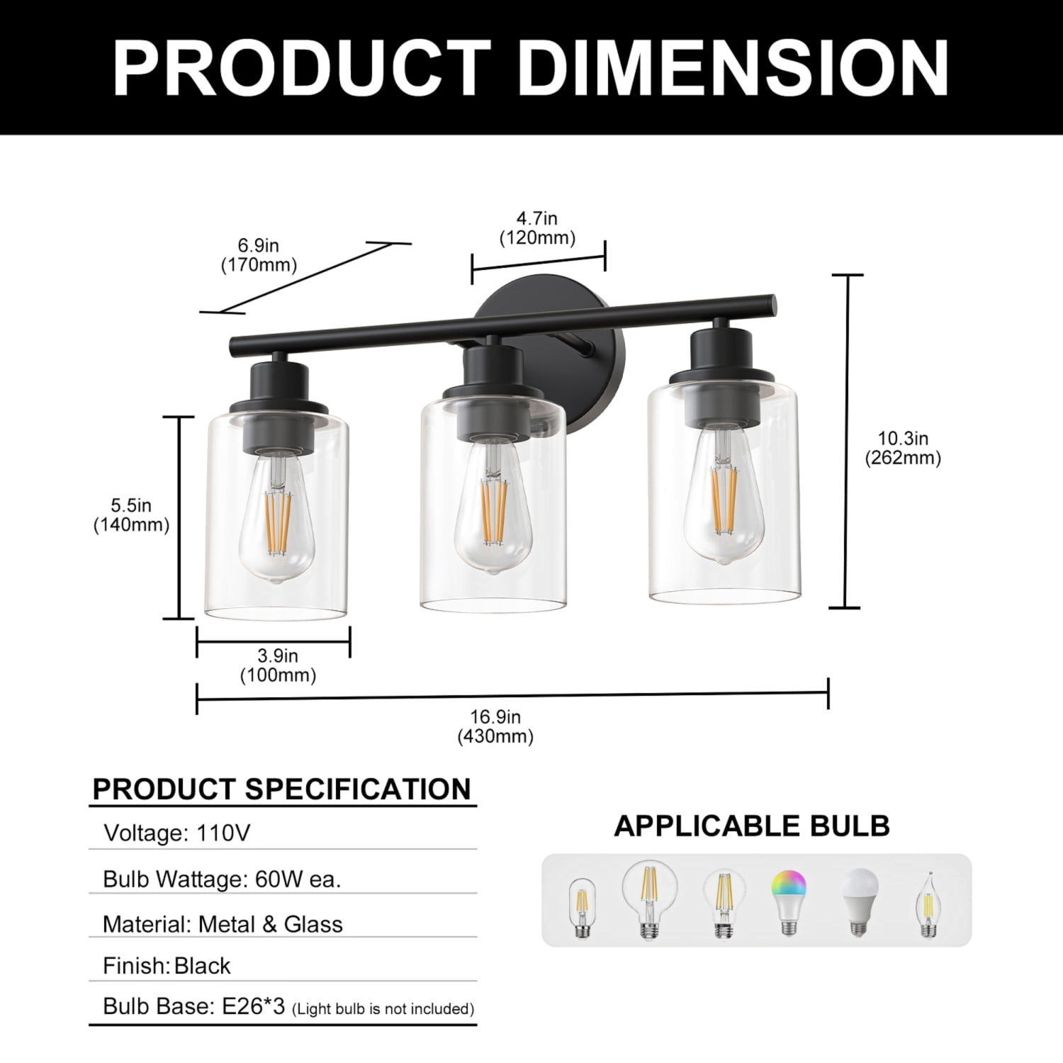 YANSUN 17 in Matte Black 3-Light Industrial Vanity Light with Clear Glass Shades for Bathroom Hallway Living Room  E26 Base (Bulbs Not Included)