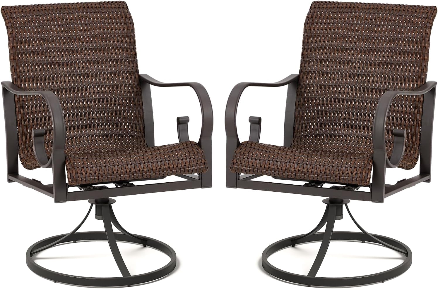MELLCOM Patio Wicker Swivel Chair Set of 2, Heavy Duty Outdoor Dining Chairs with 23.5'' High Back, Extra-Large Water-Fall Seat, Rattan Porch Chair Gentle Rocker for Outside