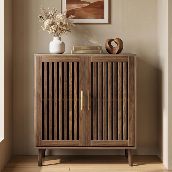 Smart FENDEE 31.5"W Sideboard Storage Cabinet with Slatted Doors and 1 Adjustable Shelf, Walnut