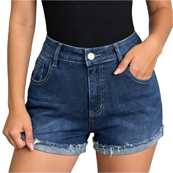 LWavelet Women's Dark Wash High Waist Denim Shorts, Frayed Hem with Contrast Stitching, Casual Summer & Clubwear Bottoms Dark Blue L
