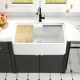 thumbnail image 3 of White Fireclay 33 in. Single Bowl Farmhouse Apron Workstation Kitchen Sink with Accessories, 3 of 17