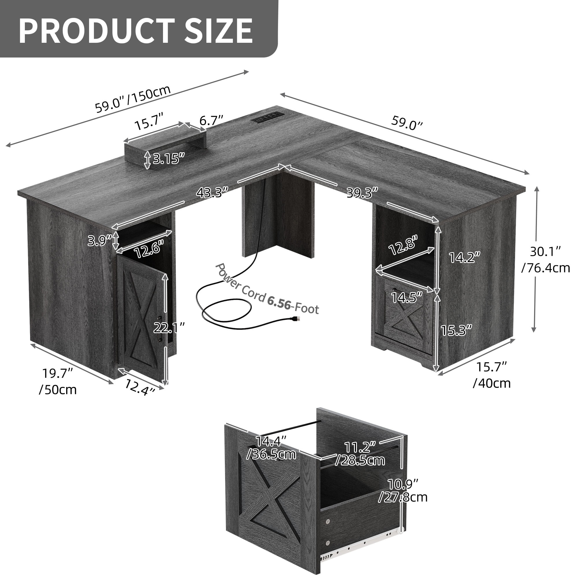 Uforic 59" L Shaped Desk with Power Outlets,Large Computer Desk with Drawers, Home Office Desk,Gray