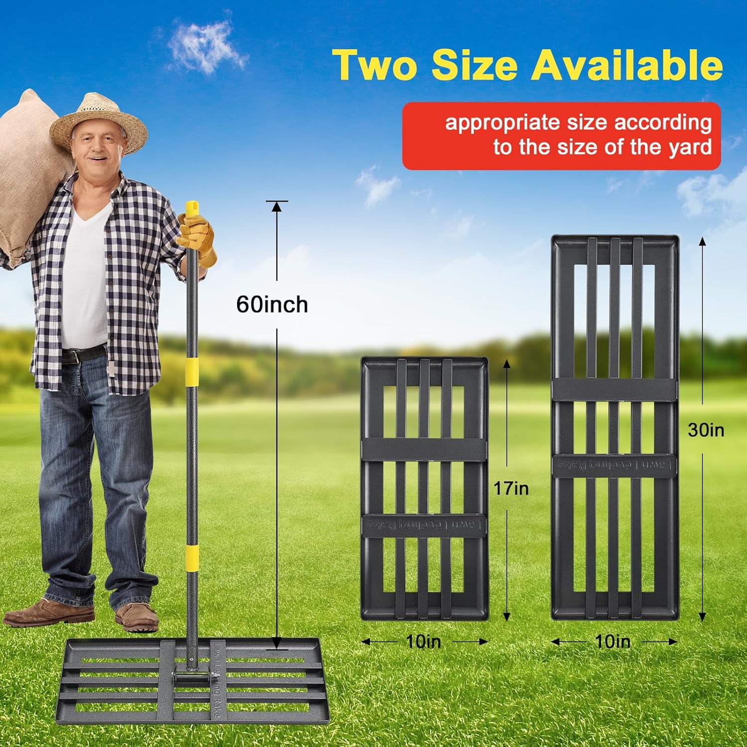 LCOKEIY Lawn Leveling Rake, Level lawn Tool 17" x 10", 5ft Adjustable Long Handle Level Lawn Rake for Soil Grass Golf Field
