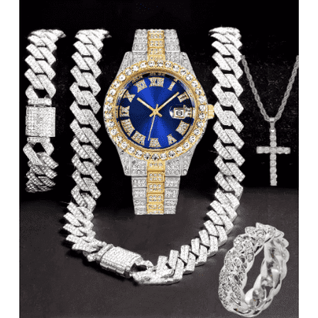 Men's Hip Hop Jewelry Set - Cuban Link chain, Pendant Necklace, Matching Bracelet and Fashion Watch