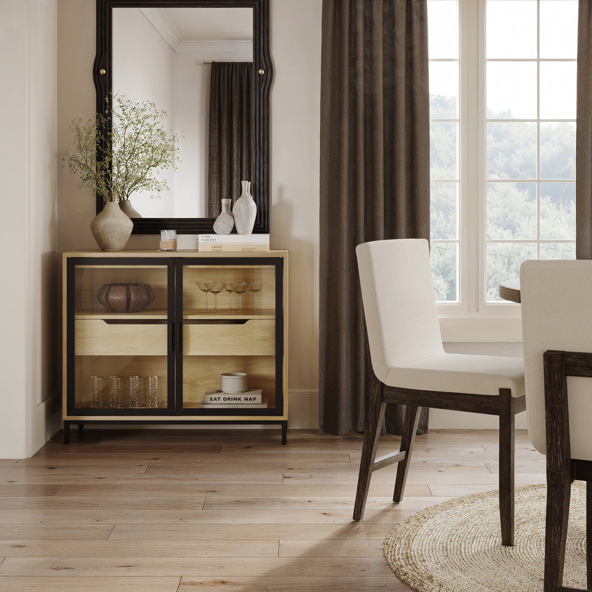 Nathan James Mackenna Metal and Glass Sideboard Accent Cabinet with Two Doors, Oak Credenza for Kitchen or Living Room