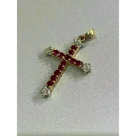 2.20Ct Round Cut Lab Created Red Ruby & Diamond Cross Pendant 14K Yellow Gold Plated Free Chain 18"