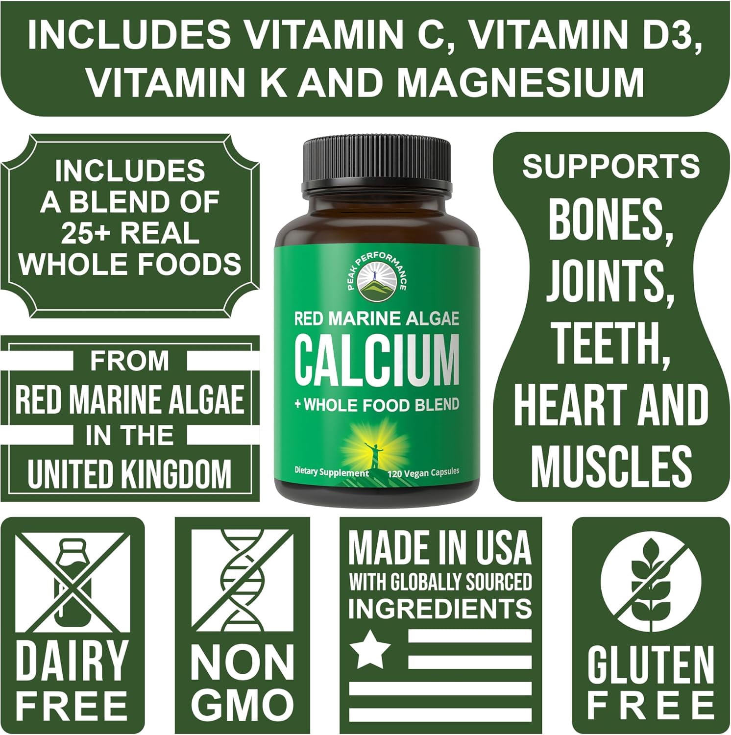 Plant Based Calcium - Red Marine Algae Calcium Supplement with Vitamin C, D3, K, Magnesium, and Whole Food Vegetable Blend. Vegan Capsules for Bones and Joints. 120 Pills, Tablets