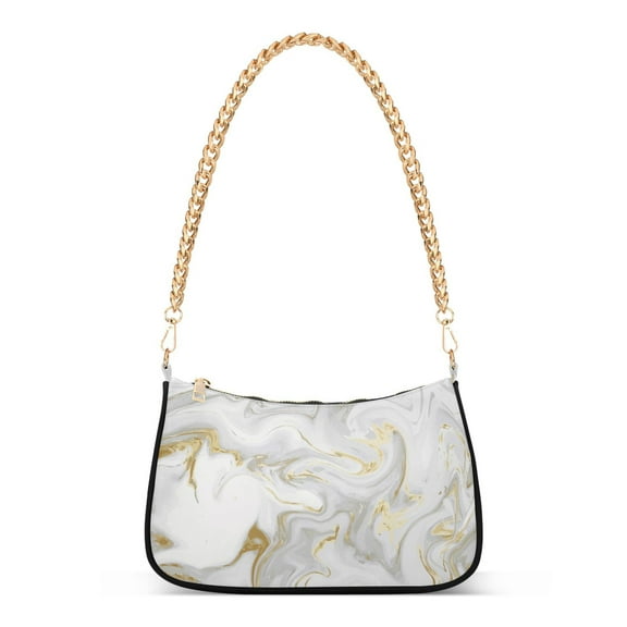 White Gray Gold Marble Fluid Womens Chain Shoulder Bag Tote Handbag Clutch Hobo Purse with Zipper for Travel Casual