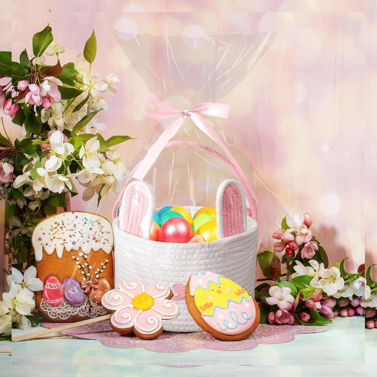 Easter Basket with Bunny Ears - Cotton Rope Easter Bunny Basket for Kids, Easter Egg Hunt Basket & Candy Holder for Boys & Girls, Party, Home & Classroom Decor（pink）