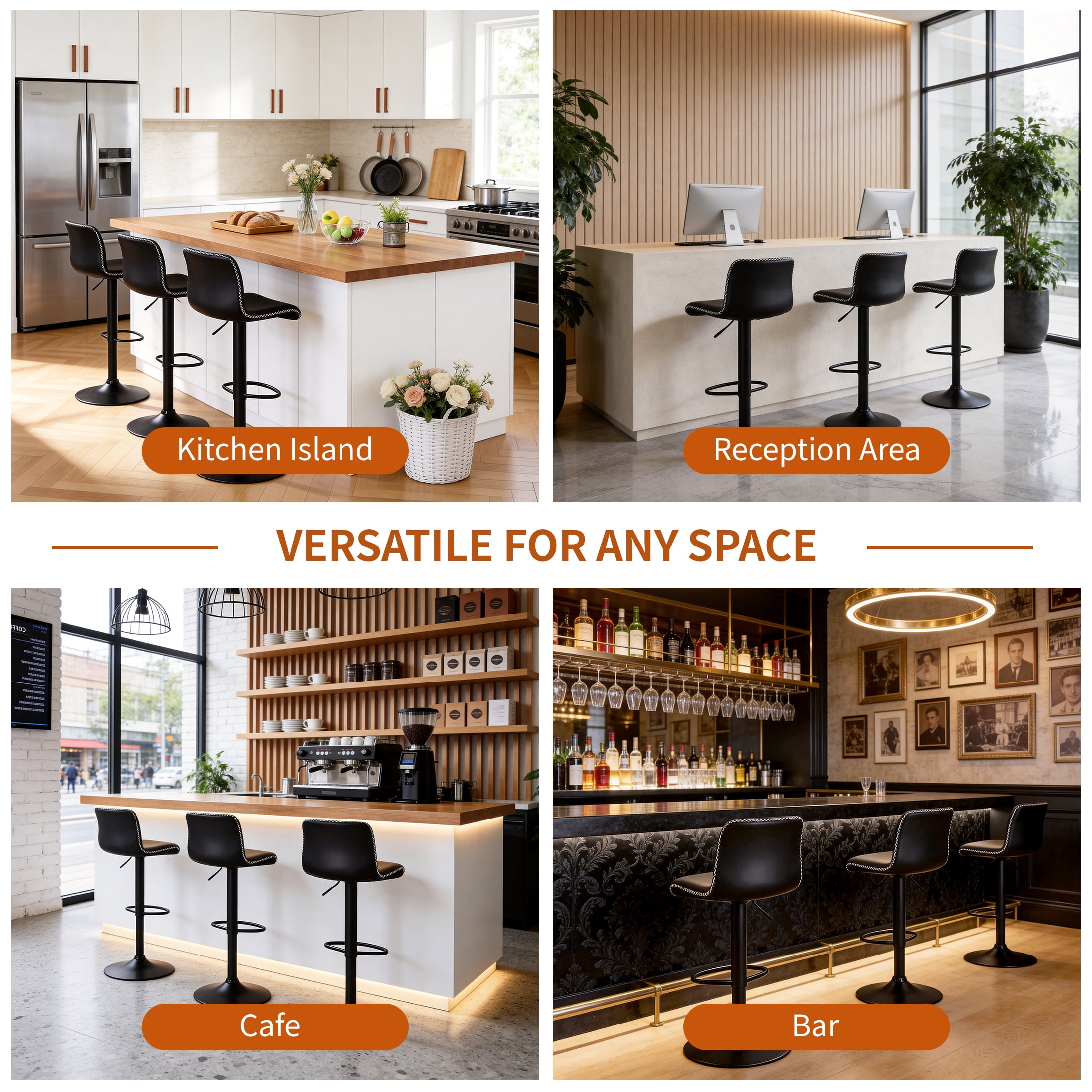 FIRAVOE Swivel Bar Stools Set of 4, Counter Height Bar Stools with Back, Adjustable Bar Stools 24" to 32", Black Leather Kitchen Barstools Counter Stools Island Bar Chairs