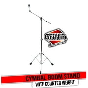 Boom Cymbal Stand by Griffin - Double Braced Drum Percussion Gear Hardware Set - Adjustable Height Arm Holder With Counterweight Adapter for Mounting Heavy Duty Weight Crash and Ride Cymbals
