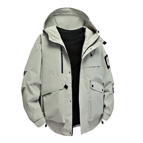aohooy Mens Windproof Waterproof Cargo Jacket Casual Loose Long Sleeve Hooded Camping Cycling Running Outdoor Rain Coat with Pockets Gray,L
