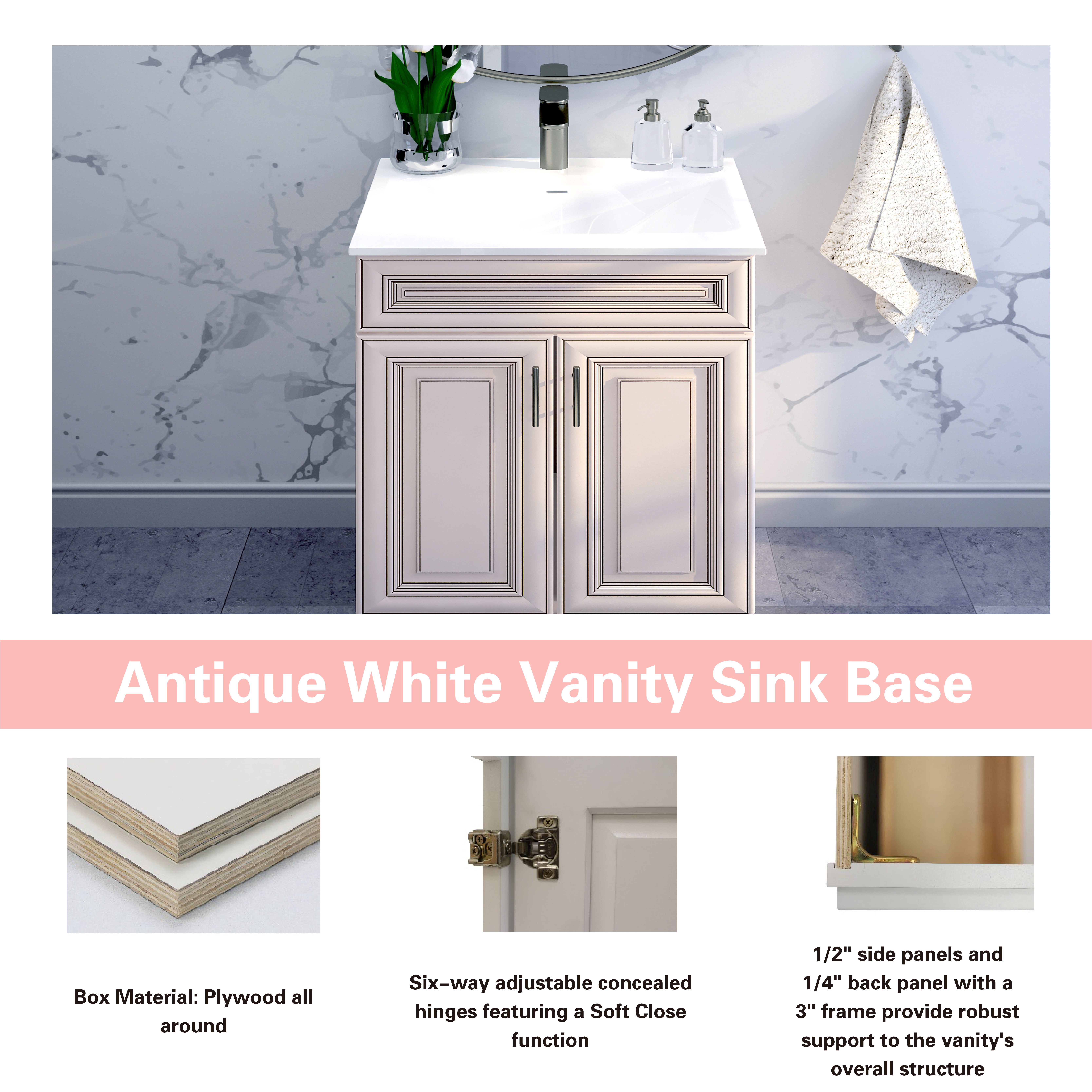 Sink Base Bathroom Vanity Ready-to-Assemble Bathroom Cabinet 30" Width Vanity Base in Antique White