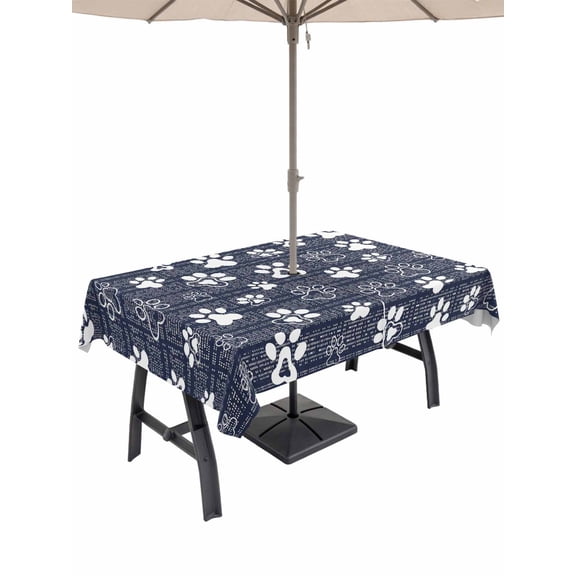 Outdoor Tablecloth with Umbrella Hole & Zipper, Navy Blue Dog Paw Rectangle Tablecloth 60x84 Inch, Modern Geometric Abstract Aesthetics Patio Table Cover Waterproof Table Cloth for Picnic/Party