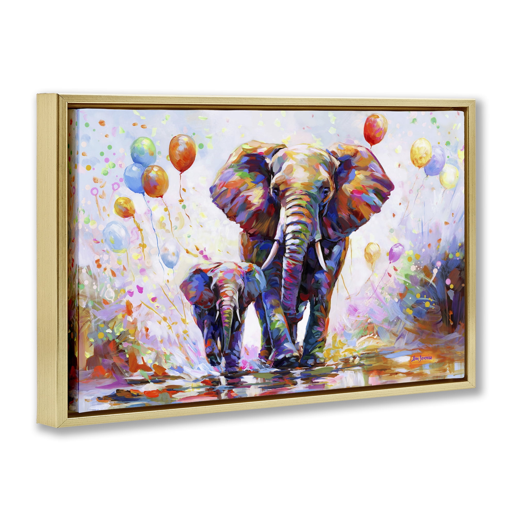 Stupell Industries Elephants & Balloons Animals & Insects Painting Gold Floater Framed Canvas Art Print Wall Art, 31 x 21