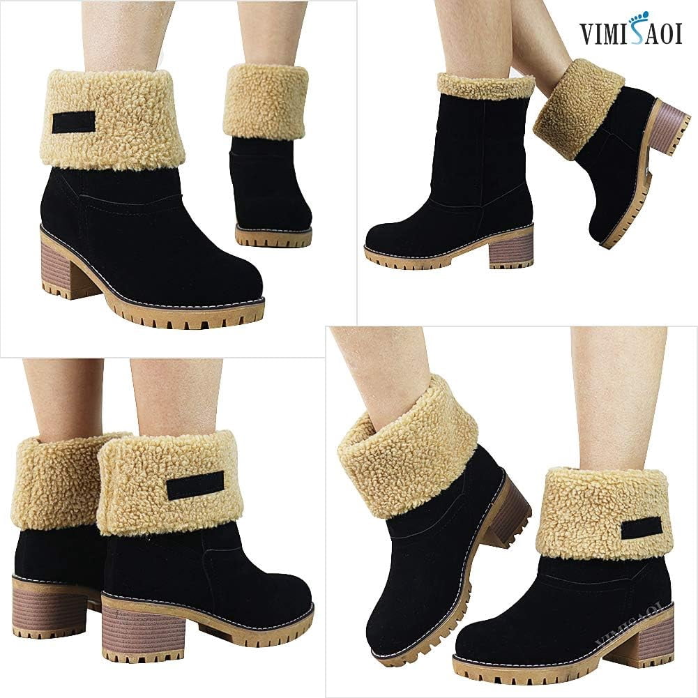 Women Foldable Faux Suede Cuff Winter Ankle Booties, Chunky Block Heel Warm Anti-Slip Casual Outdoor Boots