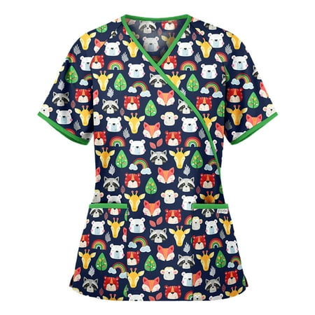 

BallsFHK Women Short Sleeve V-neck Tops Working Cartoon Print Blouse Scrub Tops Women