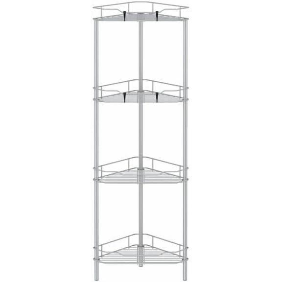 4 Tier Floor Standing Corner Shower Caddy Organizer Shelf with Hooks, Bathroom Shelves Stand Rack, Silver