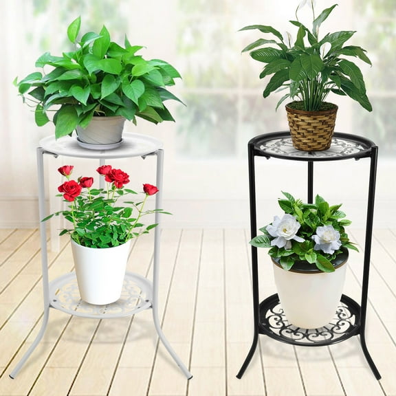 2 Tier Metal Plant Stand, Round Plant Shelf Flower Pot Rack Modern Planter Holder for Garden Patio Indoor Outdoor Black White
