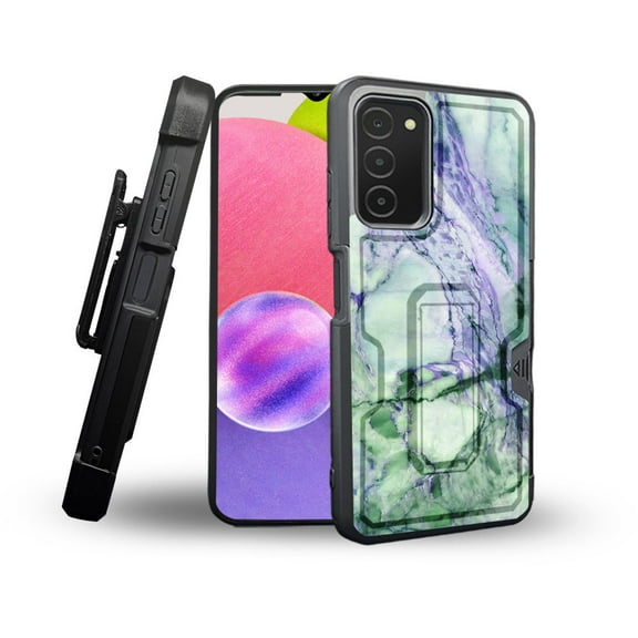ANJ  Rugged Shockproof Holster Case Card Slot Kickstand   Tempered Glass Cover for Samsung Galaxy A03s - Green Marbling