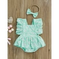 thumbnail image 2 of Baby Girl Romper Ruffle Fly Sleeve Square Neck Floral Romper with Bowknot Hairband, 2 of 9