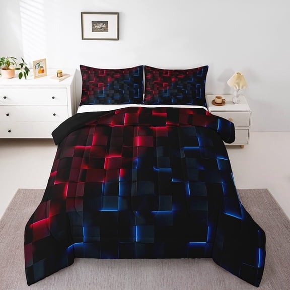 Erosebridal Abstract Grid Bedding Twin Comforter Set,Red Blue Down Comforter,Geometric Buffalo Bedding Sets Twin with Comforter,Lightweight Futuristic Cubes Room Decor,Reversible,3pcs